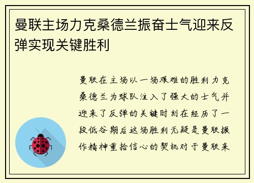 曼联主场力克桑德兰振奋士气迎来反弹实现关键胜利