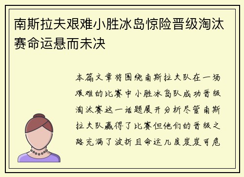 南斯拉夫艰难小胜冰岛惊险晋级淘汰赛命运悬而未决